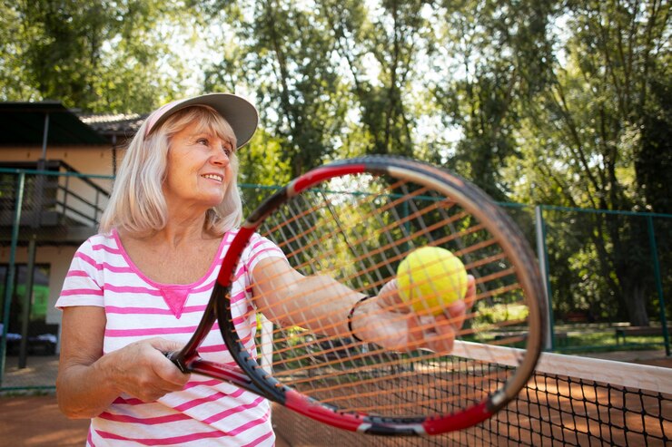 tiro-medio-mujer-senior-jugando-al-tenis-naturaleza_23-2149116760