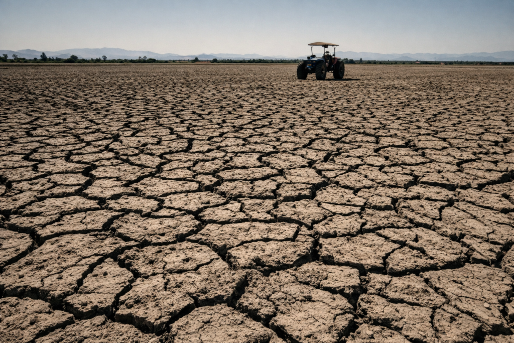 Campo seco y tractor solitario