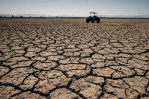 Campo seco y tractor solitario