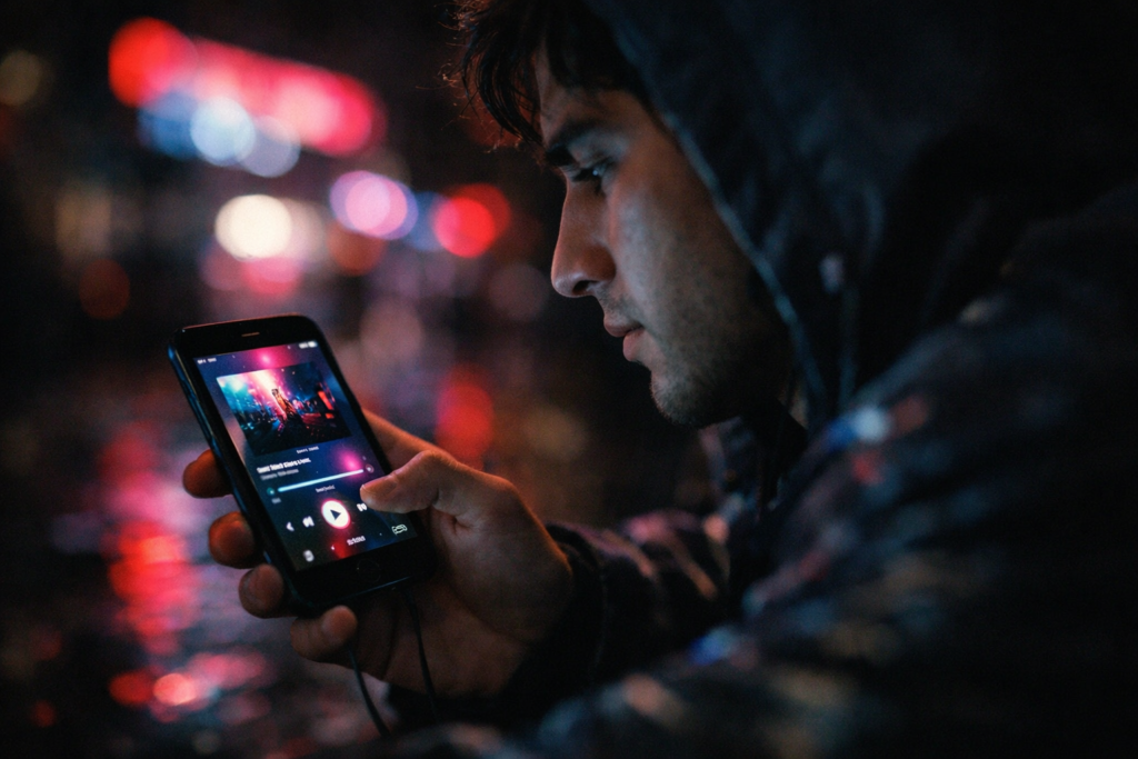 Examinando música en la ciudad