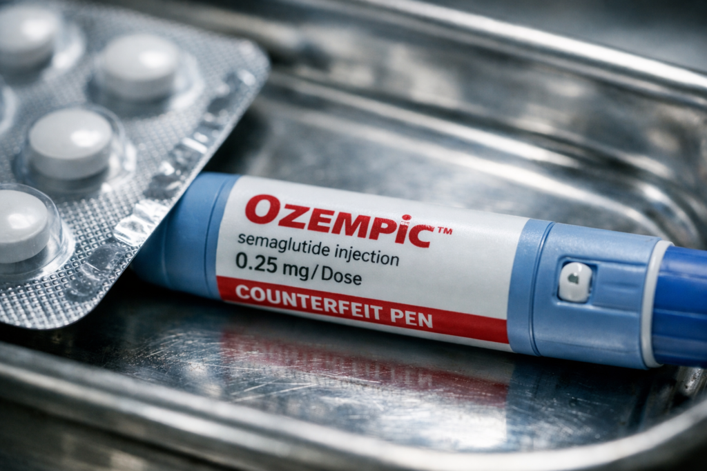 Frasco falso de Ozempic y pastillas